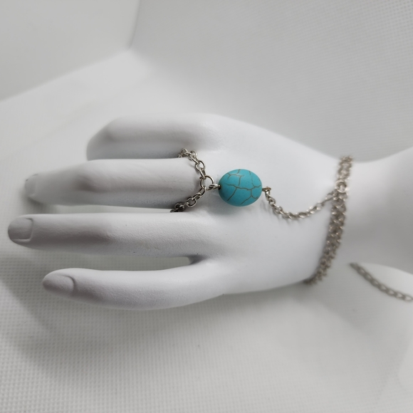 Boho Retro Celebrity Turquoise Slave Chain Ring Bracelet Hand Harness - Picture 2 of 8